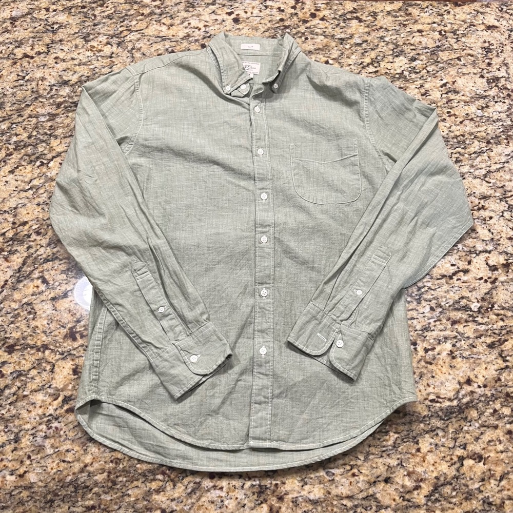 J. Crew Slim Fit Organic Cotton Button Down Shirt Mens M Sage Green Long Sleeve
